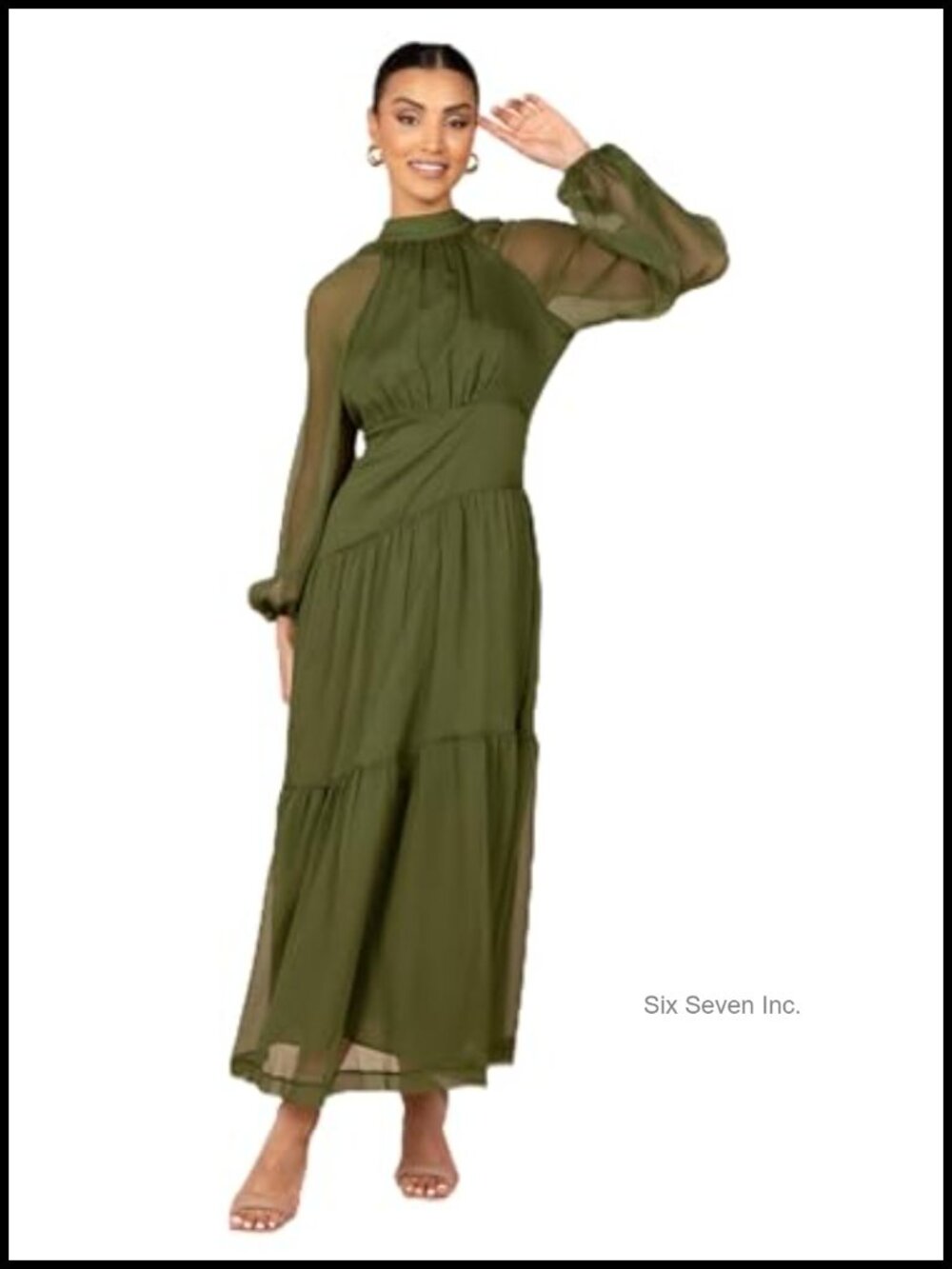 Long Sheer Sleeve Maxi Dress High Neck Backless
